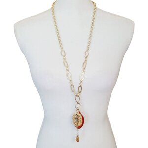 Chico's Y Drop Necklace Boho Bohemian Satin Gold Tone 31" Long Carved Pendant